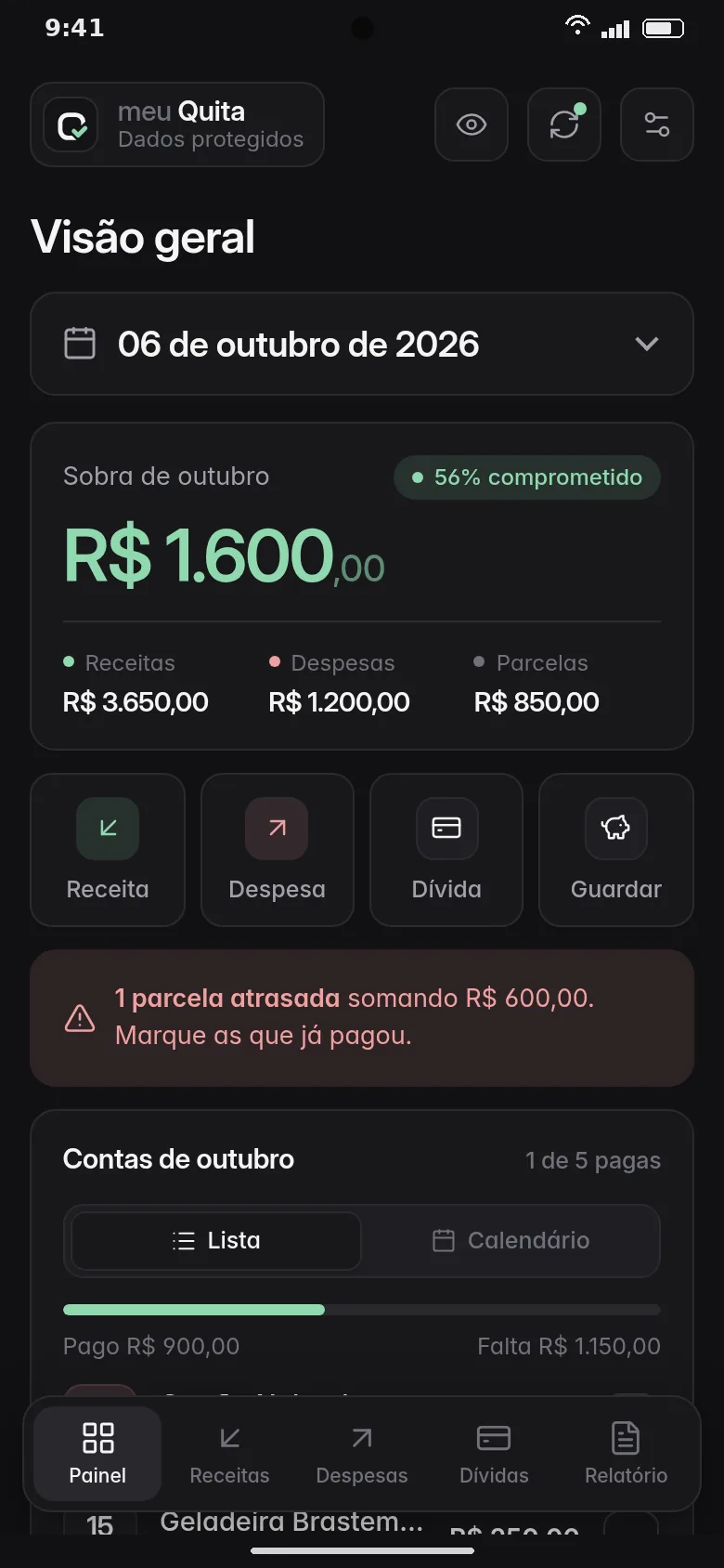 Painel do Meu Quita mostrando a sobra do mês (dados de exemplo)